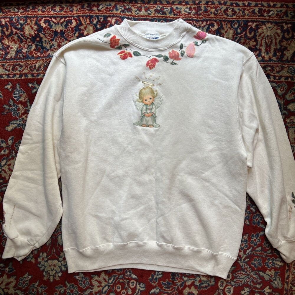Vintage Hanes Sport Sweatshirt Embellished Angle Rose Sparkly Paint Women's LG